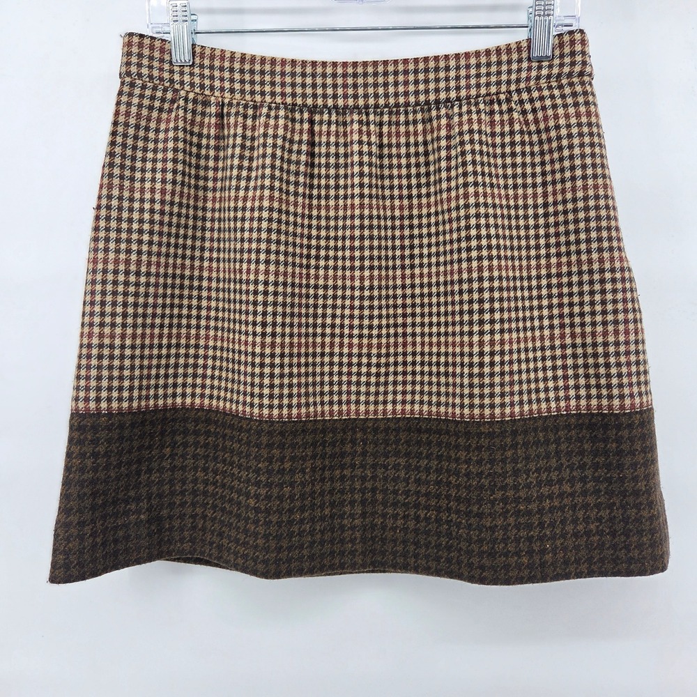 J.Crew Houndstooth Wool Mini Skirt 6 Brown Plaid Dark‎ Academia